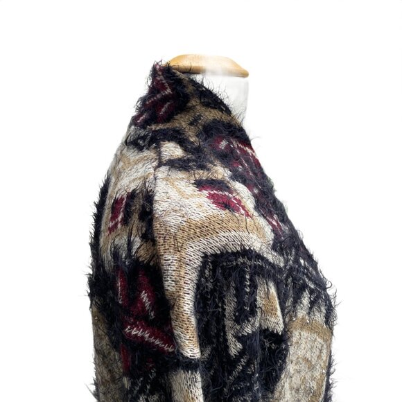 NWOT BCBGMaxazria Fuzzy Eyelash Tribal Cardigan Sz M Burgundy Black Duster Gems - Picture 8 of 15